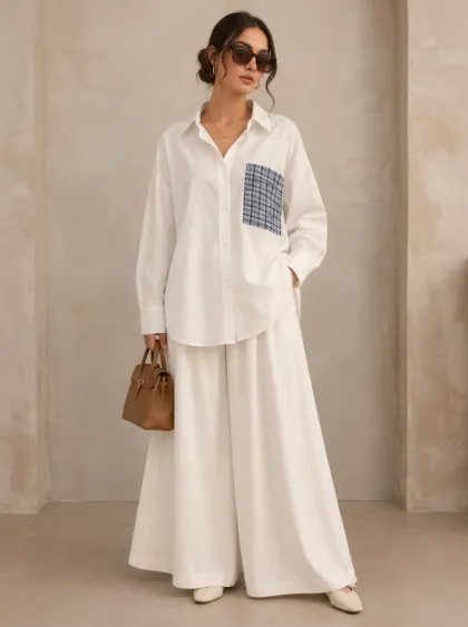Élégance Equestre Céléria – chemise blanche à poche tweed et pantalon large, vue de face