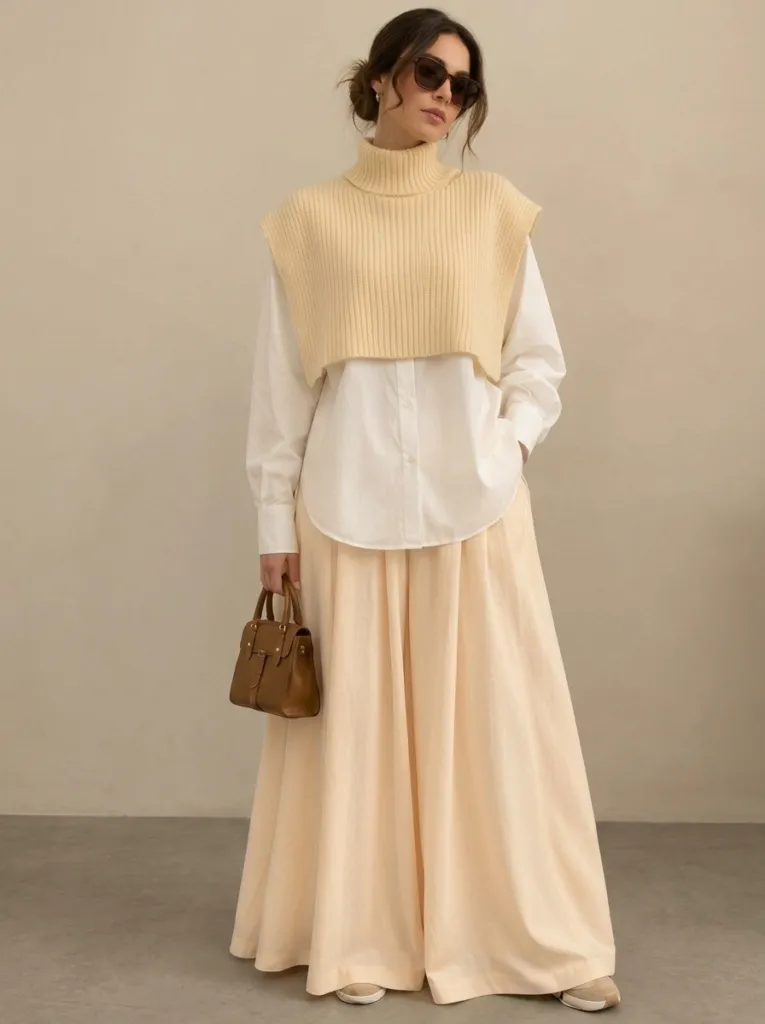 Alma Knit beige en studio avec une jupe longue