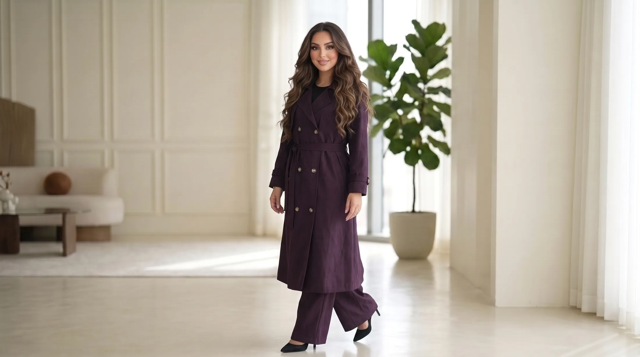 Elora Trench bordeaux porté ouvert sur un pantalon large assorti