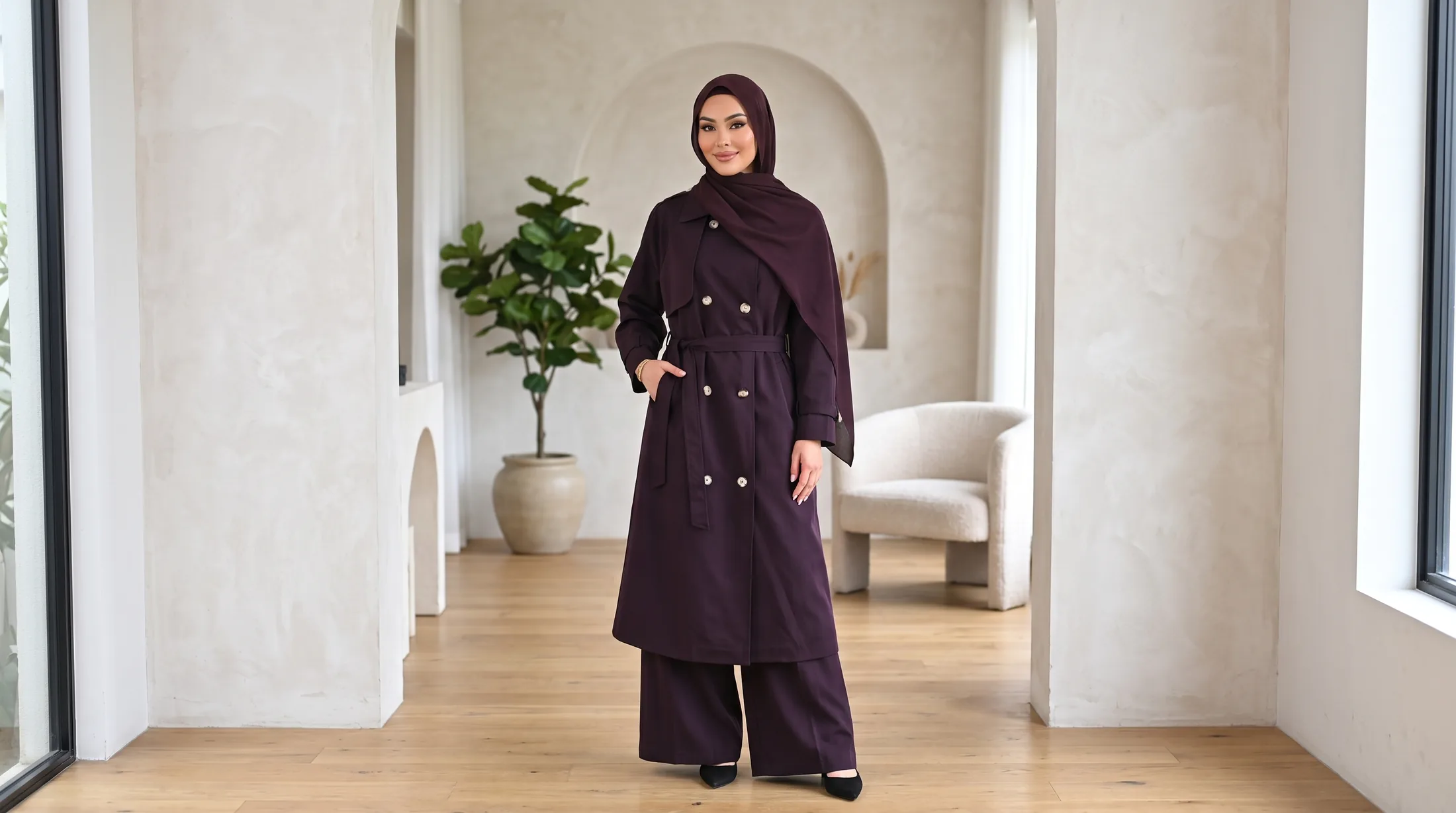 Femme voilée en Elora Trench bordeaux ceinturé et pantalon large