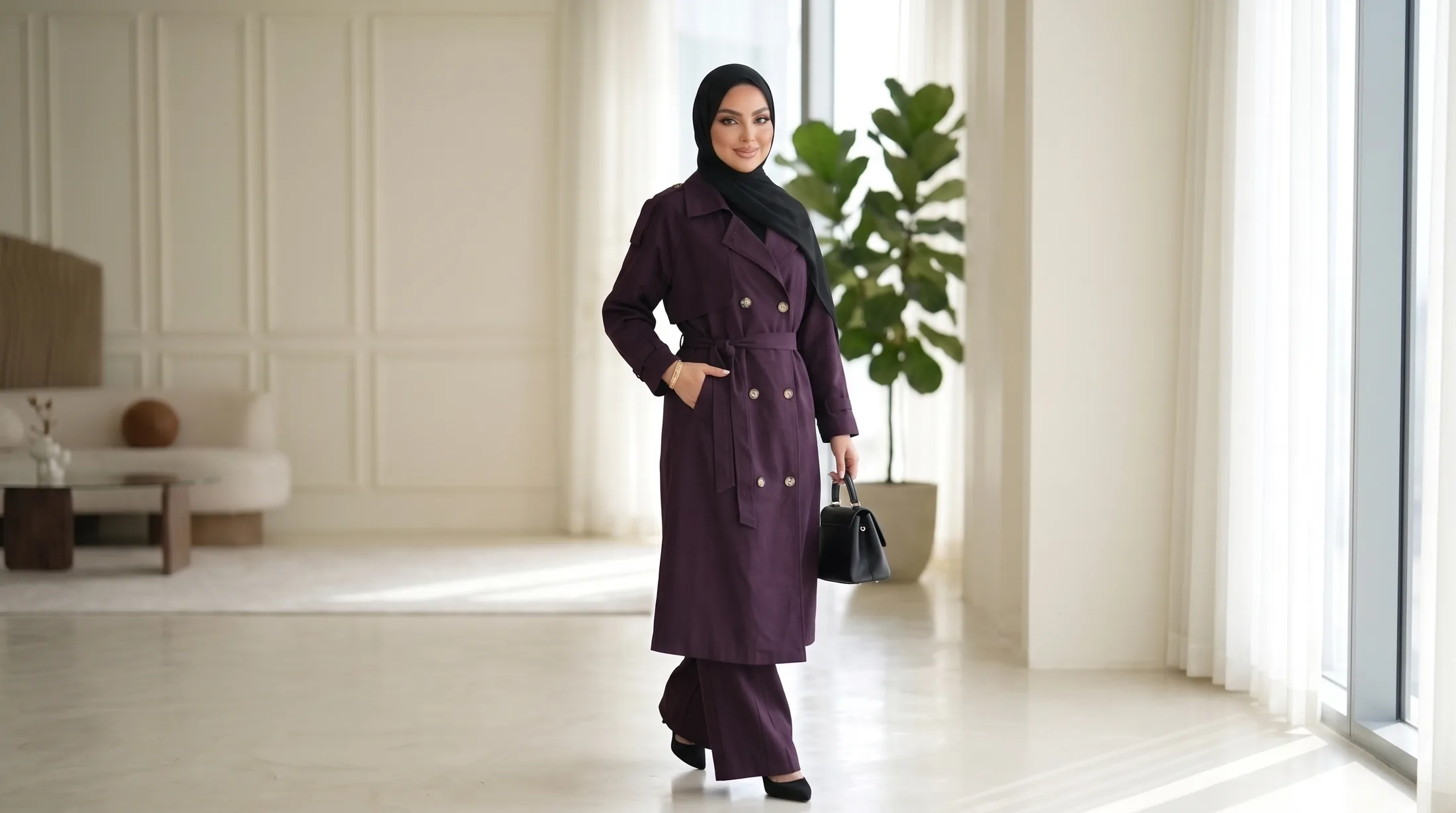 Femme voilée en Elora Trench bordeaux avec sac à main
