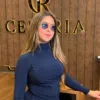 Long Sleeve Top CÉLÉRIA, col montant froncé, coloris bleu