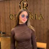 Long Sleeve Top CÉLÉRIA, col montant froncé, coloris marron