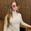 Long Sleeve Top CÉLÉRIA, col montant froncé, coloris moka