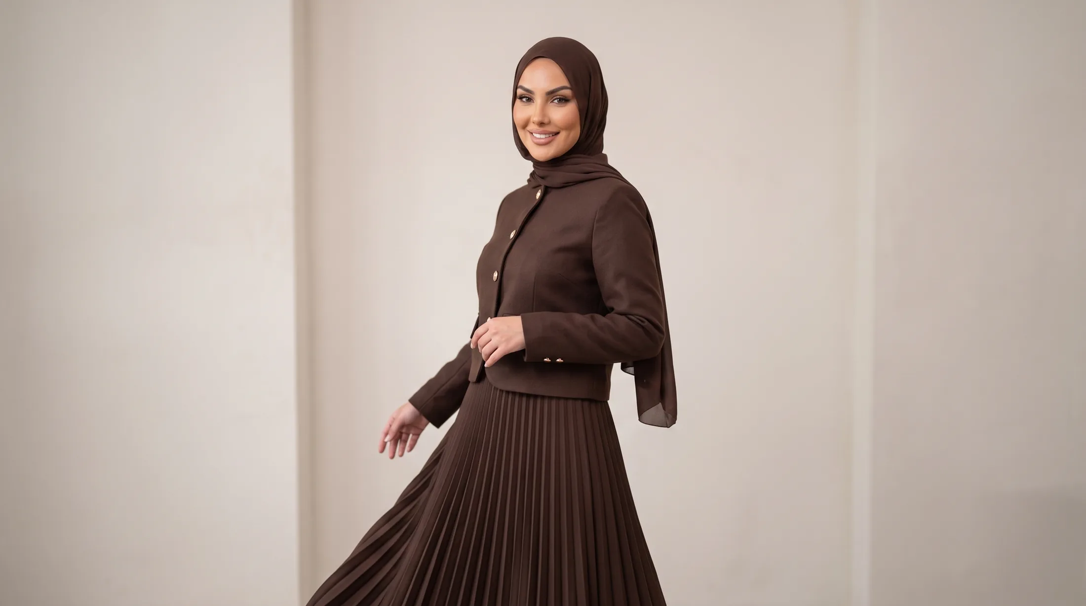 Femme voilée en Royal Set chocolat, tenue d'invitée élégante