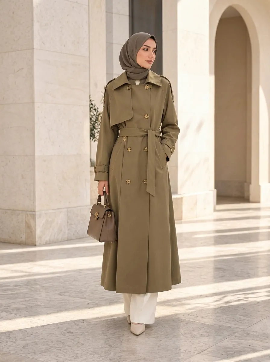 Elora Trench kaki long ceinturé porté avec hijab